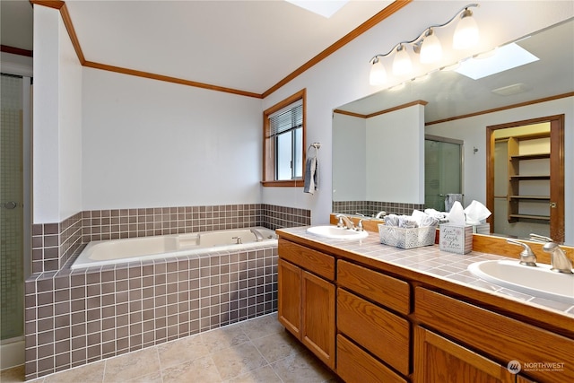 bathroom with crown molding, separate shower and tub, and vanity