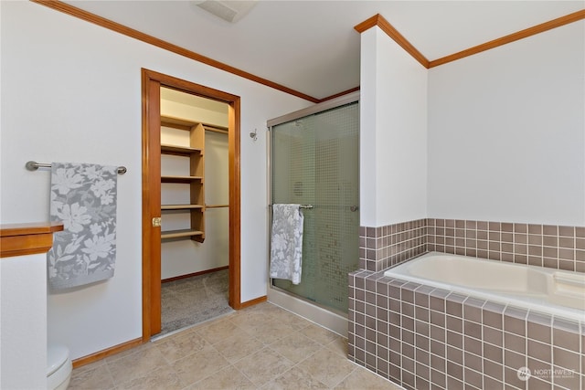 bathroom with crown molding, toilet, tile patterned floors, and plus walk in shower