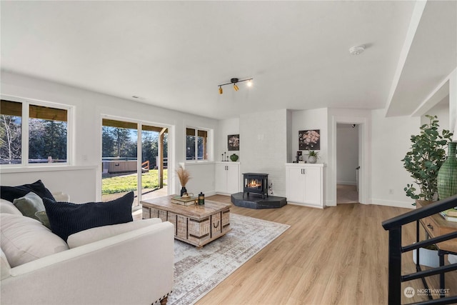 living room with a large fireplace and light hardwood / wood-style flooring