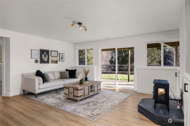 living room with a wood stove and light wood-type flooring