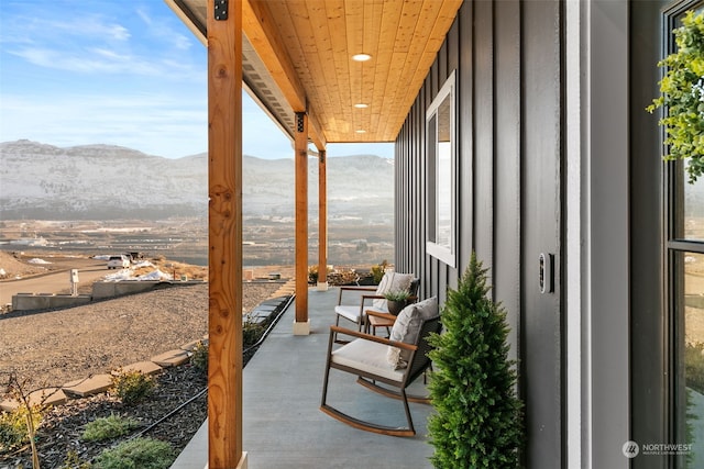 view of patio with a mountain view