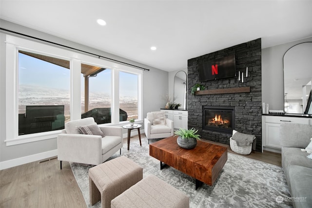 living room featuring a fireplace and light hardwood / wood-style flooring