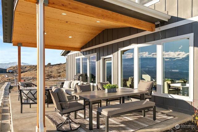 view of patio featuring a mountain view