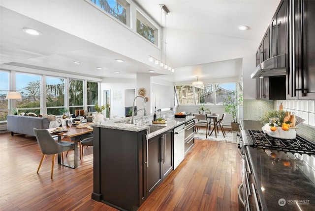 kitchen featuring light stone countertops, pendant lighting, appliances with stainless steel finishes, sink, and a center island with sink