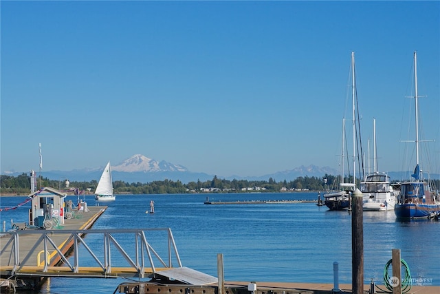 dock area featuring a water and mountain view