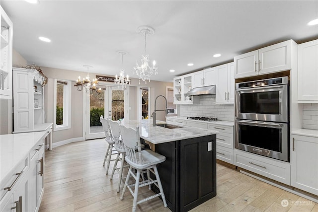 kitchen with stainless steel appliances, tasteful backsplash, light wood-style flooring, and under cabinet range hood