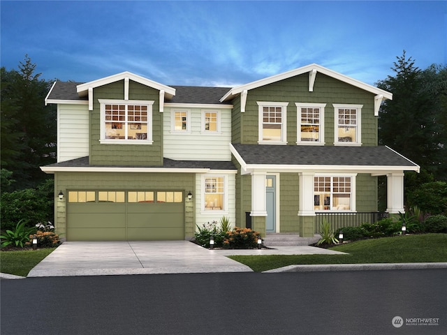 view of front facade featuring covered porch and a garage