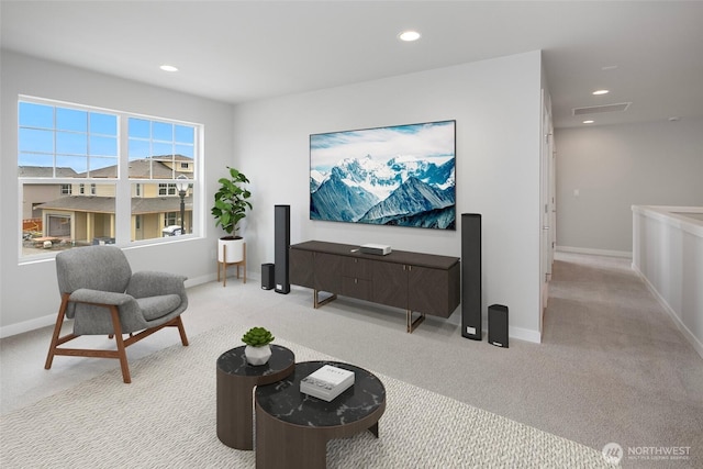 sitting room featuring recessed lighting, visible vents, baseboards, and carpet floors