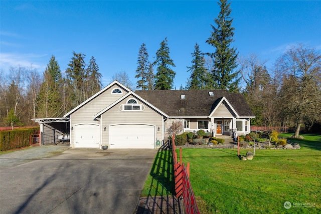 view of front facade with a porch, a front yard, and a garage