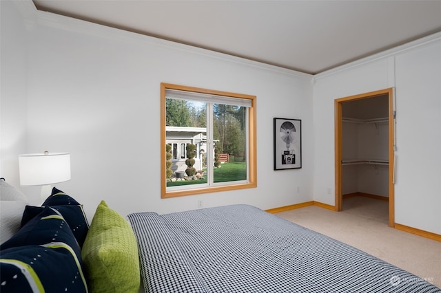 bedroom with a walk in closet, a closet, crown molding, and light colored carpet