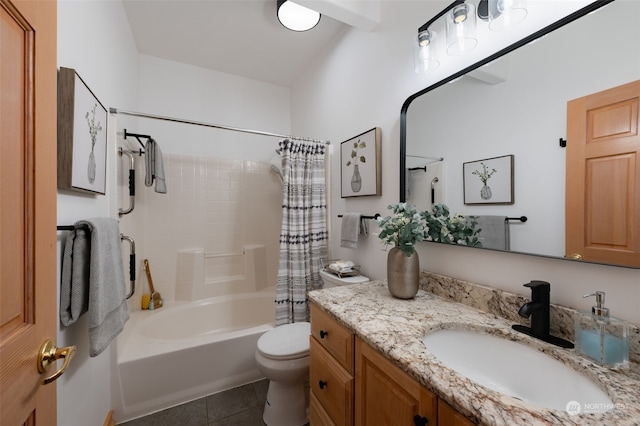 full bathroom featuring toilet, shower / tub combo, vanity, and tile patterned flooring