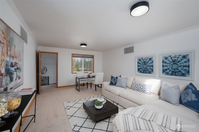 living room featuring light colored carpet