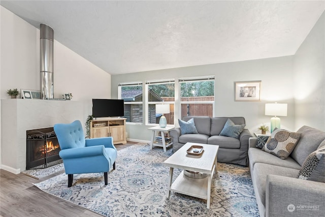 living room with lofted ceiling and wood-type flooring