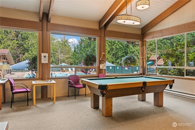 playroom with a baseboard radiator, billiards, lofted ceiling with beams, and light colored carpet