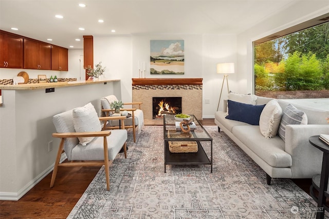 living room with a tiled fireplace and hardwood / wood-style floors