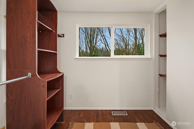 spacious closet featuring dark hardwood / wood-style floors