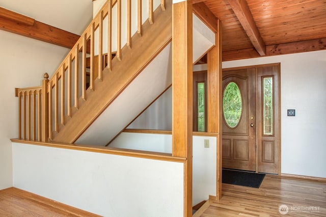 8917 SE Mcbreen Ln, Port Orchard, WA 98367 - foyer entrance featuring wood finished floors, stairway, and a wood ceiling with exposed beams