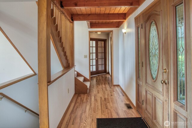 8917 SE Mcbreen Ln, Port Orchard, WA 98367 - entryway with a wooden ceiling with exposed beams, light wood-type flooring, and stairs