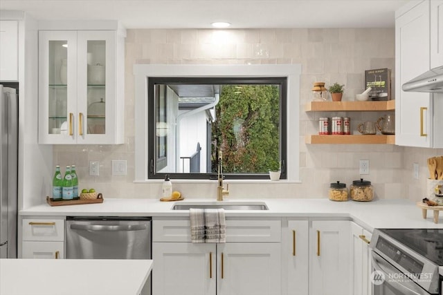 kitchen with sink, appliances with stainless steel finishes, white cabinets, and decorative backsplash