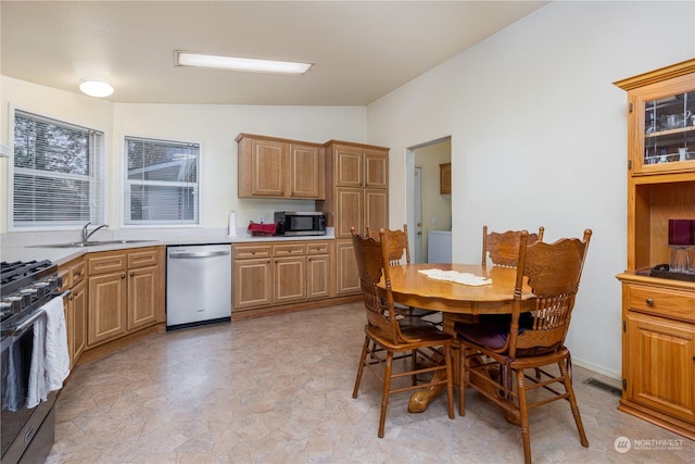 kitchen featuring stainless steel appliances, vaulted ceiling, and sink