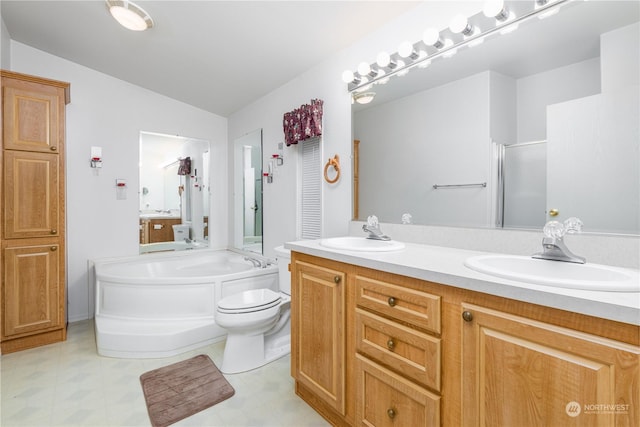 full bathroom featuring toilet, plus walk in shower, vaulted ceiling, and vanity