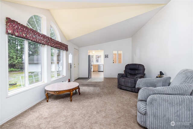 carpeted living room featuring lofted ceiling