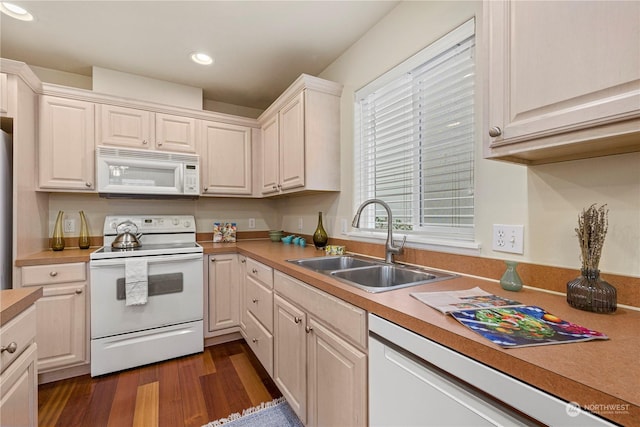 kitchen featuring sink, dark hardwood / wood-style flooring, white appliances, and white cabinets