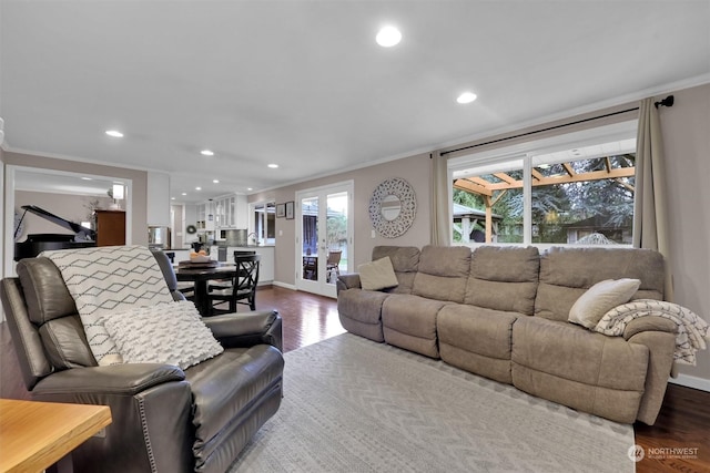 living room featuring ornamental molding, dark wood-type flooring, and french doors