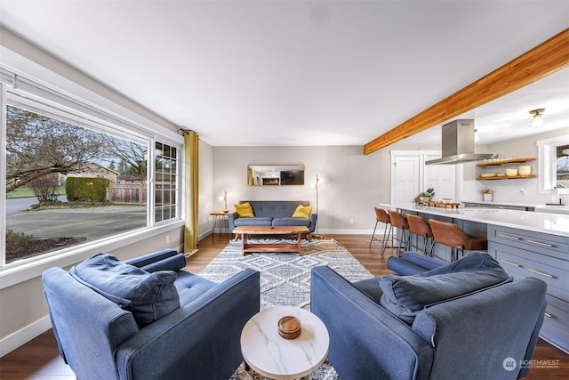 living room with dark wood-type flooring and beam ceiling