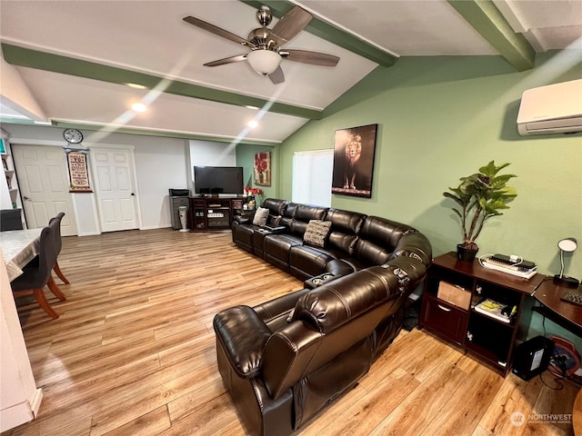 living room with ceiling fan, a wall mounted AC, light wood-type flooring, and vaulted ceiling with beams