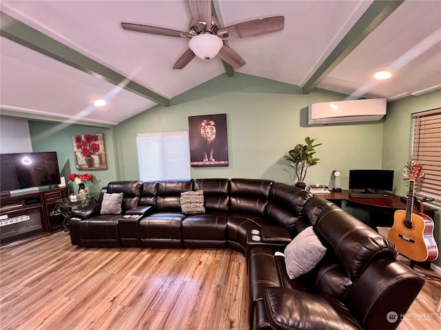 living room with ceiling fan, light hardwood / wood-style flooring, lofted ceiling with beams, and a wall unit AC