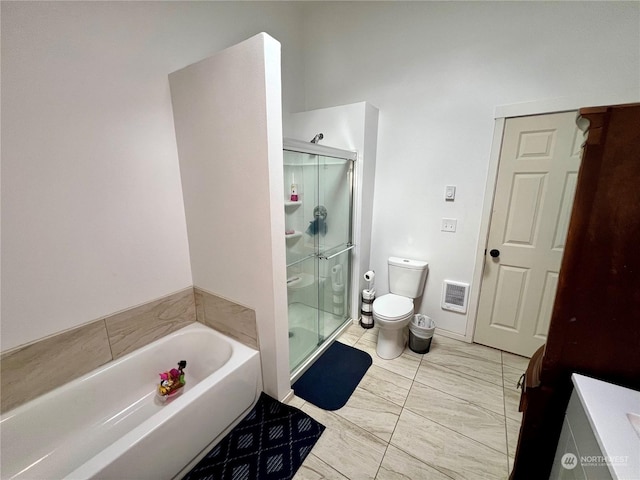 bathroom featuring plus walk in shower and toilet