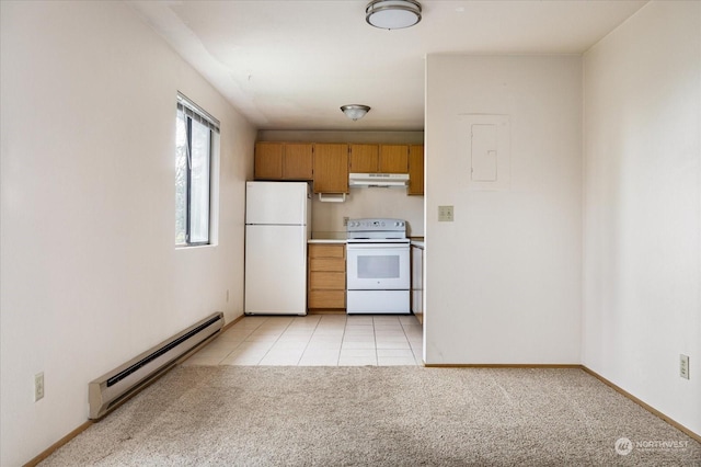 kitchen featuring white appliances, light tile patterned floors, and a baseboard heating unit