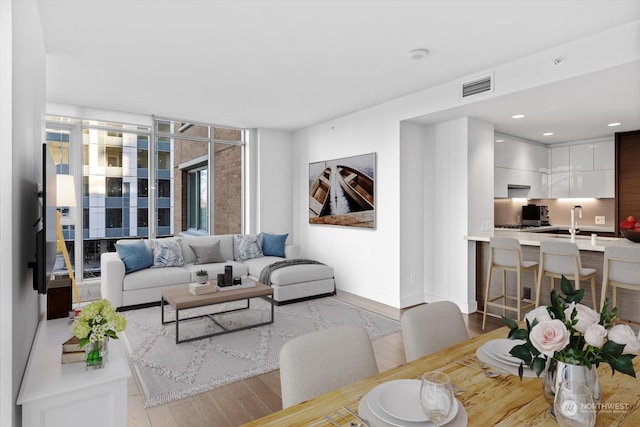 living room with light hardwood / wood-style floors and floor to ceiling windows