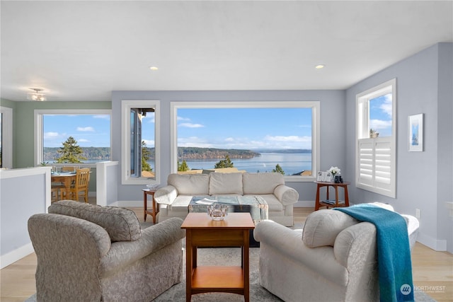 living room with a water view and light wood-type flooring