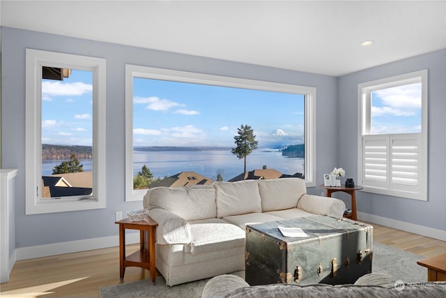 living room with light hardwood / wood-style floors and a water view