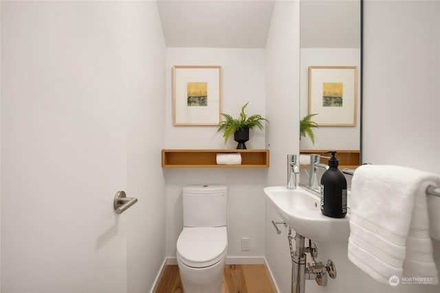 bathroom with wood-type flooring and toilet