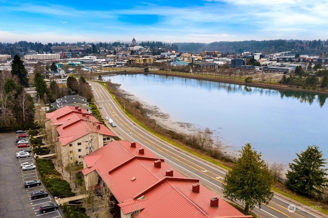 aerial view featuring a water view