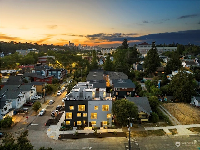 view of aerial view at dusk