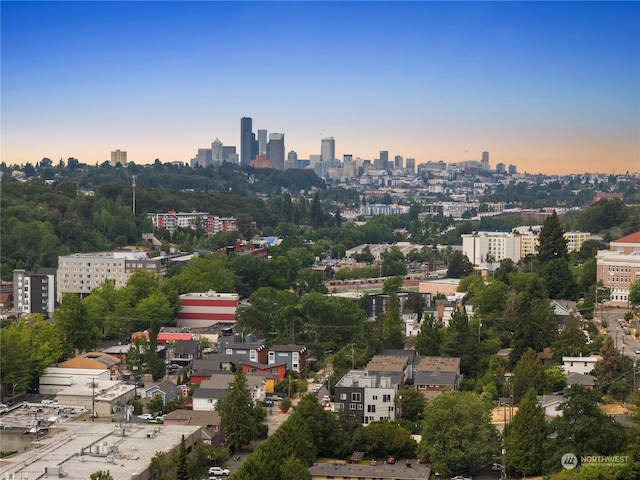 view of aerial view at dusk