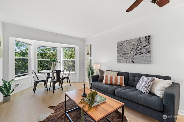 living room with ornamental molding and hardwood / wood-style floors