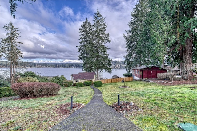 view of yard with a water view