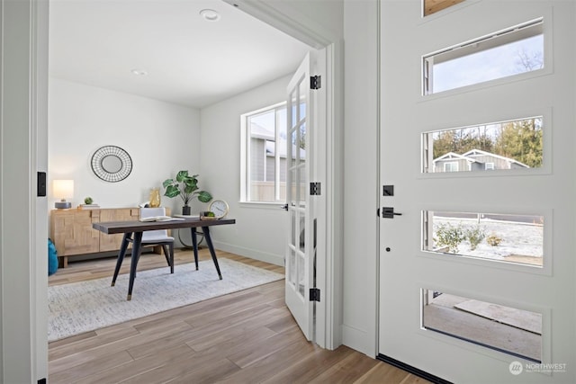 foyer entrance with light hardwood / wood-style flooring and a healthy amount of sunlight