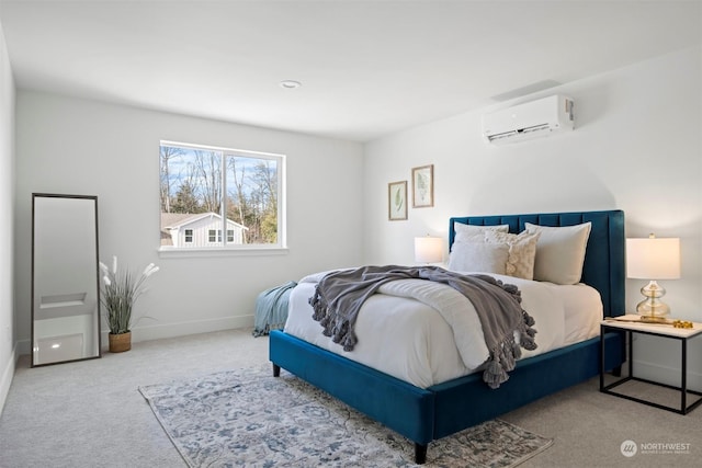 bedroom featuring light carpet and a wall mounted AC