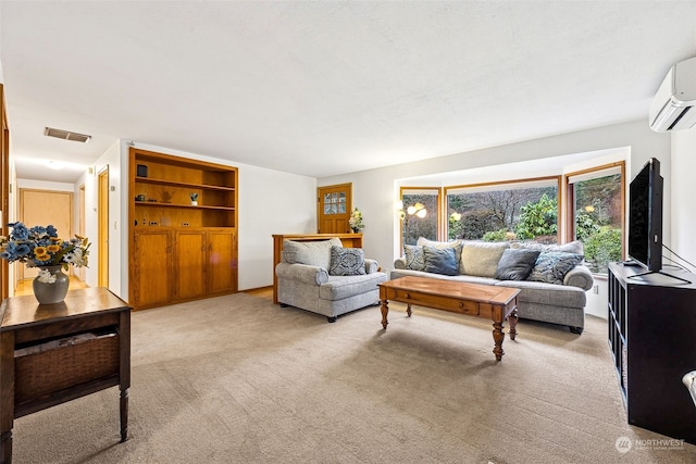 carpeted living room featuring a wall unit AC