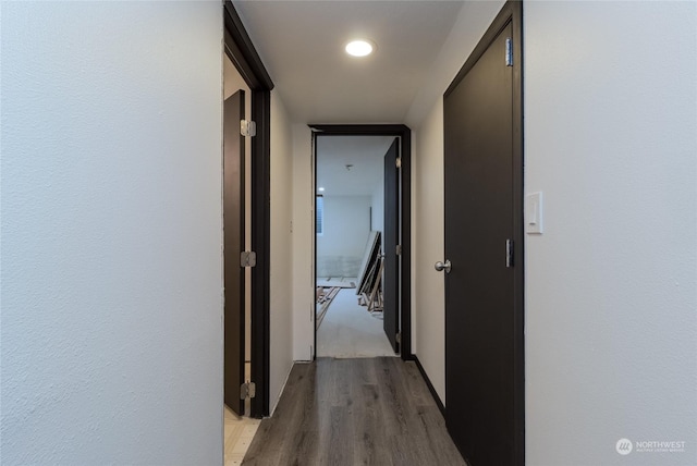 hallway with a wall of windows and light hardwood / wood-style flooring