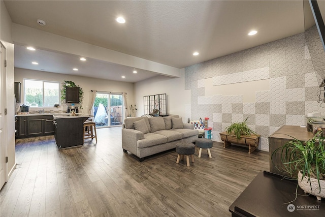 living room with dark hardwood / wood-style flooring