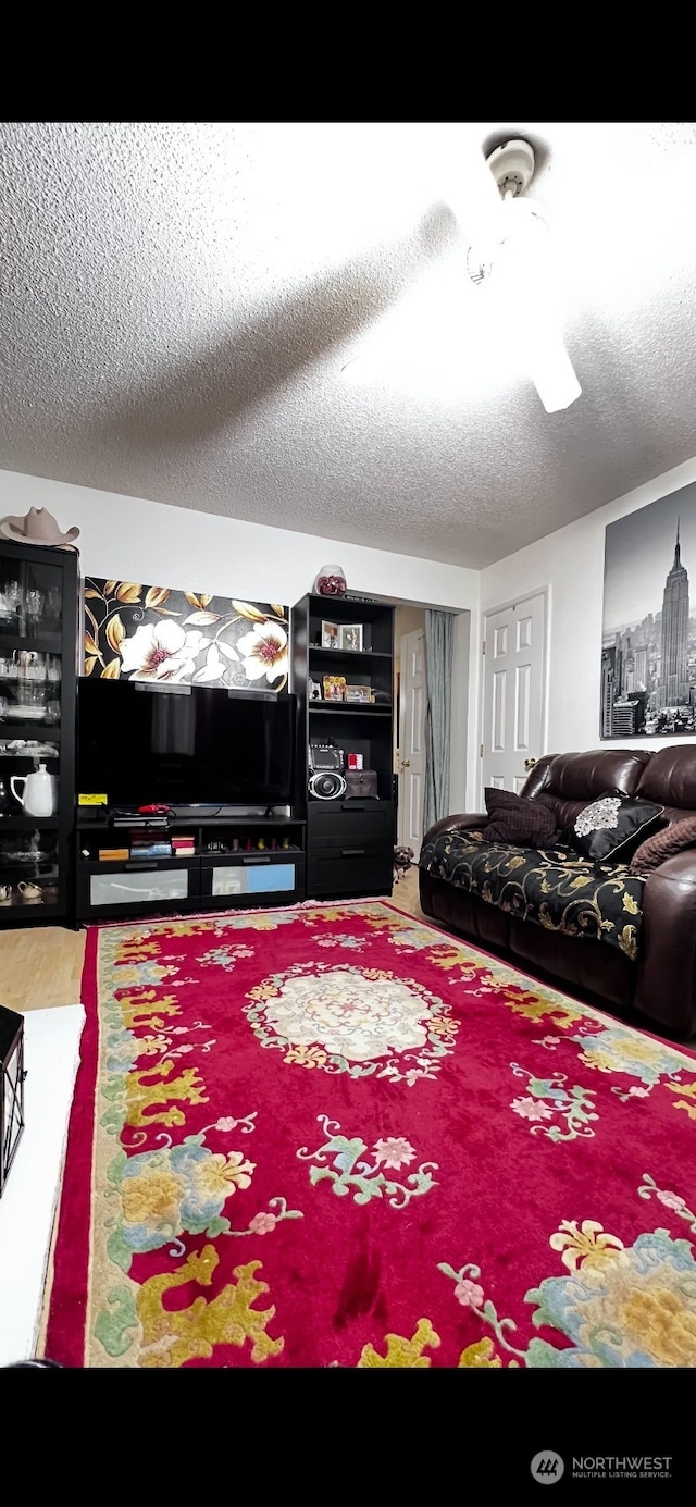 living room featuring a textured ceiling