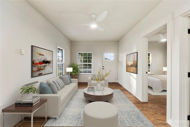 living room with ceiling fan and wood-type flooring