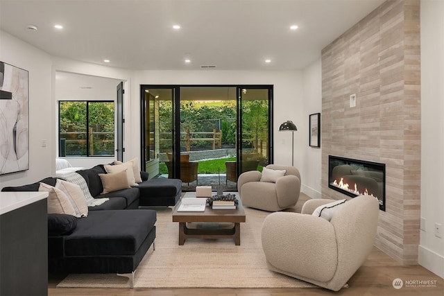 living room featuring a fireplace and hardwood / wood-style floors